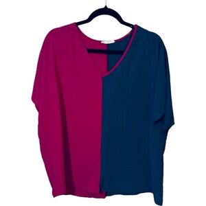 Entro Women's Large Colorblock Boxy Top Shirt Blouse Short Sleeve‎ V Neck